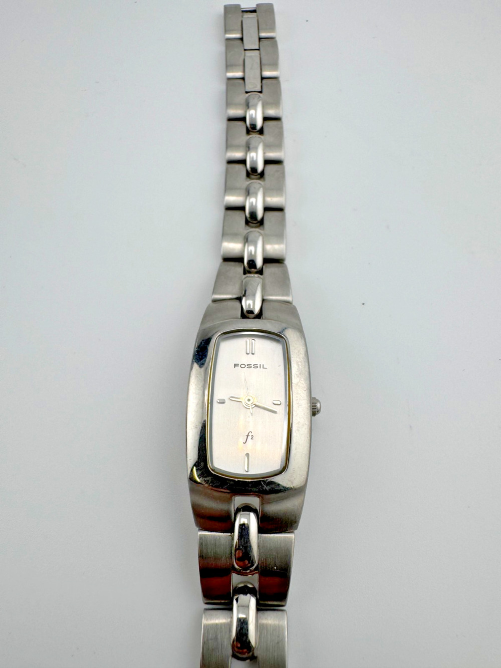 Fossil F2 ES-9833 Women's Silver Tone Stainless Steel Watch Rounded Rectangle